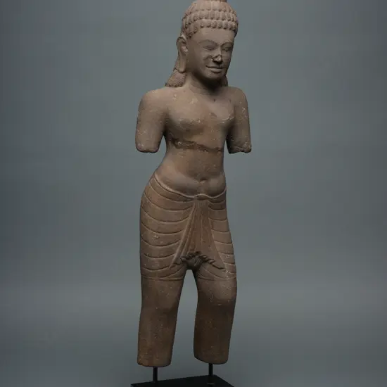 Standing Vishnu - Khmer stone figure fragment with stand,